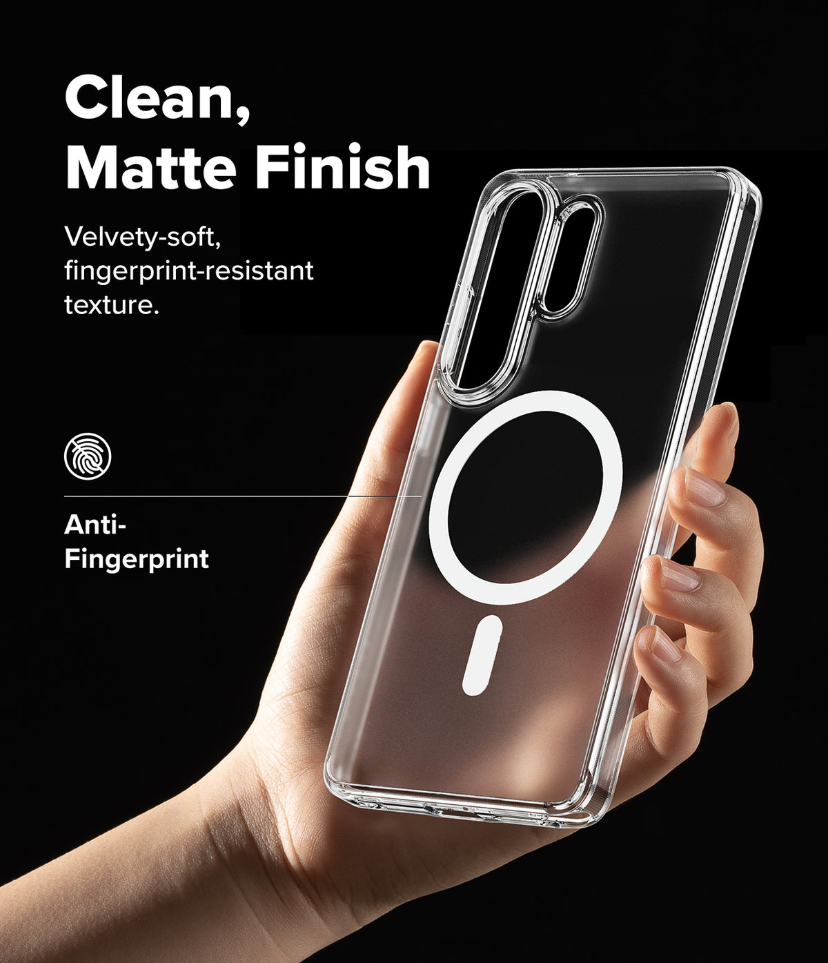 [Bundle] Galaxy S26 Ultra | Fusion Magnetic - Galaxy S26 Ultra | Fusion Magnetic - Hand holding a clear, matte-finish phone case with a white magnetic ring on back.