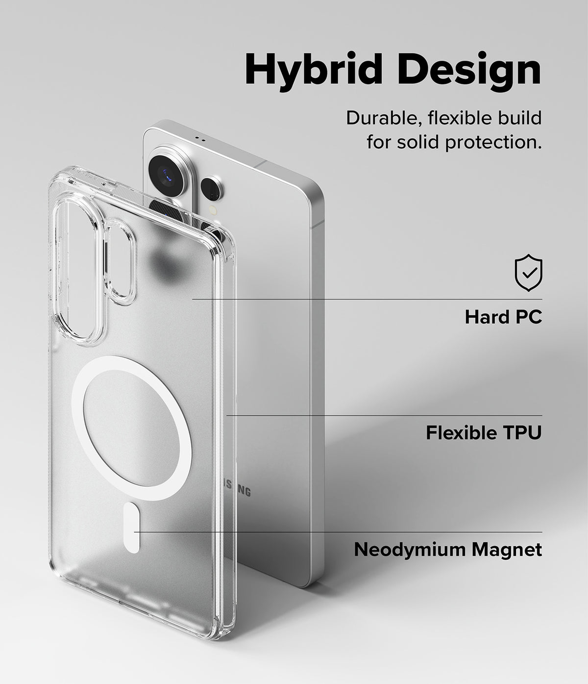 Galaxy S26 Ultra Case | Fusion Magnetic Matte - Exploded view of phone case showing hard PC, flexible TPU, and magnet.