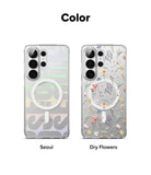 Galaxy S26 Ultra Case | Fusion Design Magnetic - Two clear phone cases with magnetic rings, one with Seoul text and one with floral patterns.