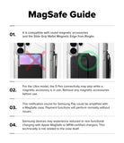 Galaxy S26 Ultra Case | Fusion Design Magnetic - Infographic showing MagSafe compatibility, S Pen, and charging tips.