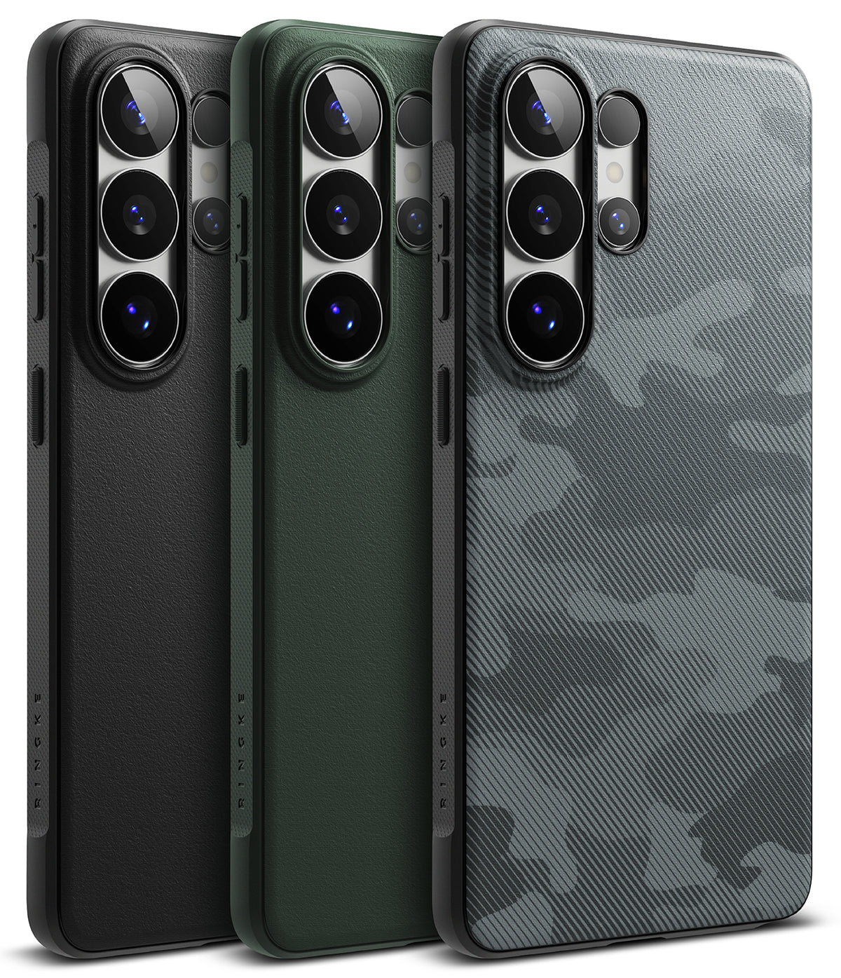 Galaxy S26 Ultra Case | Onyx - Three Galaxy S26 Ultra phones in black, green, and grey camo cases with visible camera lenses.
