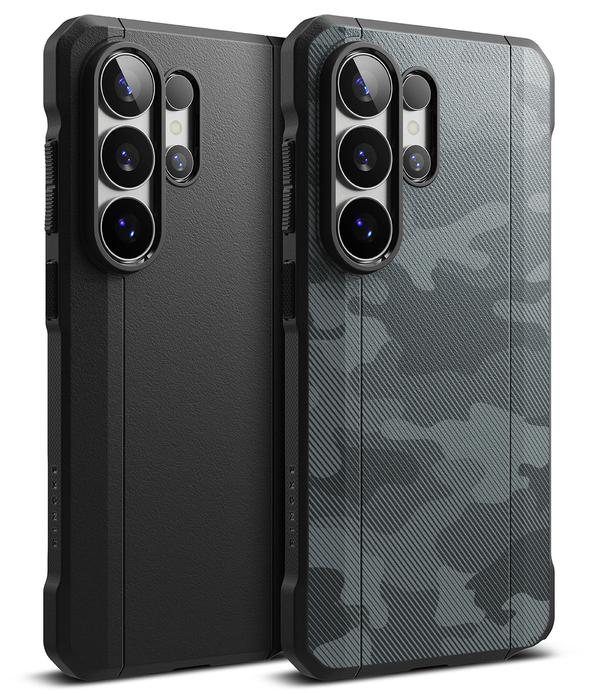 Galaxy S26 Ultra Case | Onyx α - Two black protective phone cases, one solid and one with a grey camouflage pattern.