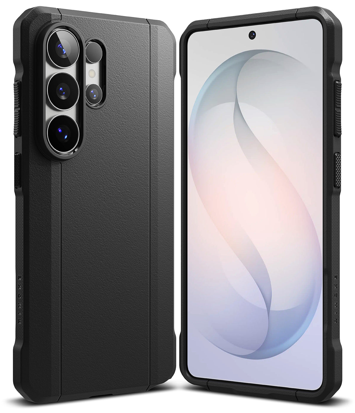 Galaxy S26 Ultra Case | Onyx α - Matte black protective phone case shown from back and front views on a white background.