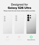 Galaxy S26 Ultra Case | Onyx α - Size comparison chart showing Galaxy S26, S26+, and S26 Ultra with a green check for the Ultra.