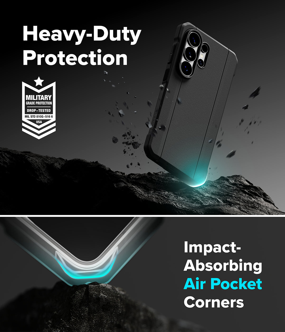 Galaxy S26 Ultra Case | Onyx α - Black phone case with military-grade protection and air-cushioned corners on rocky terrain.
