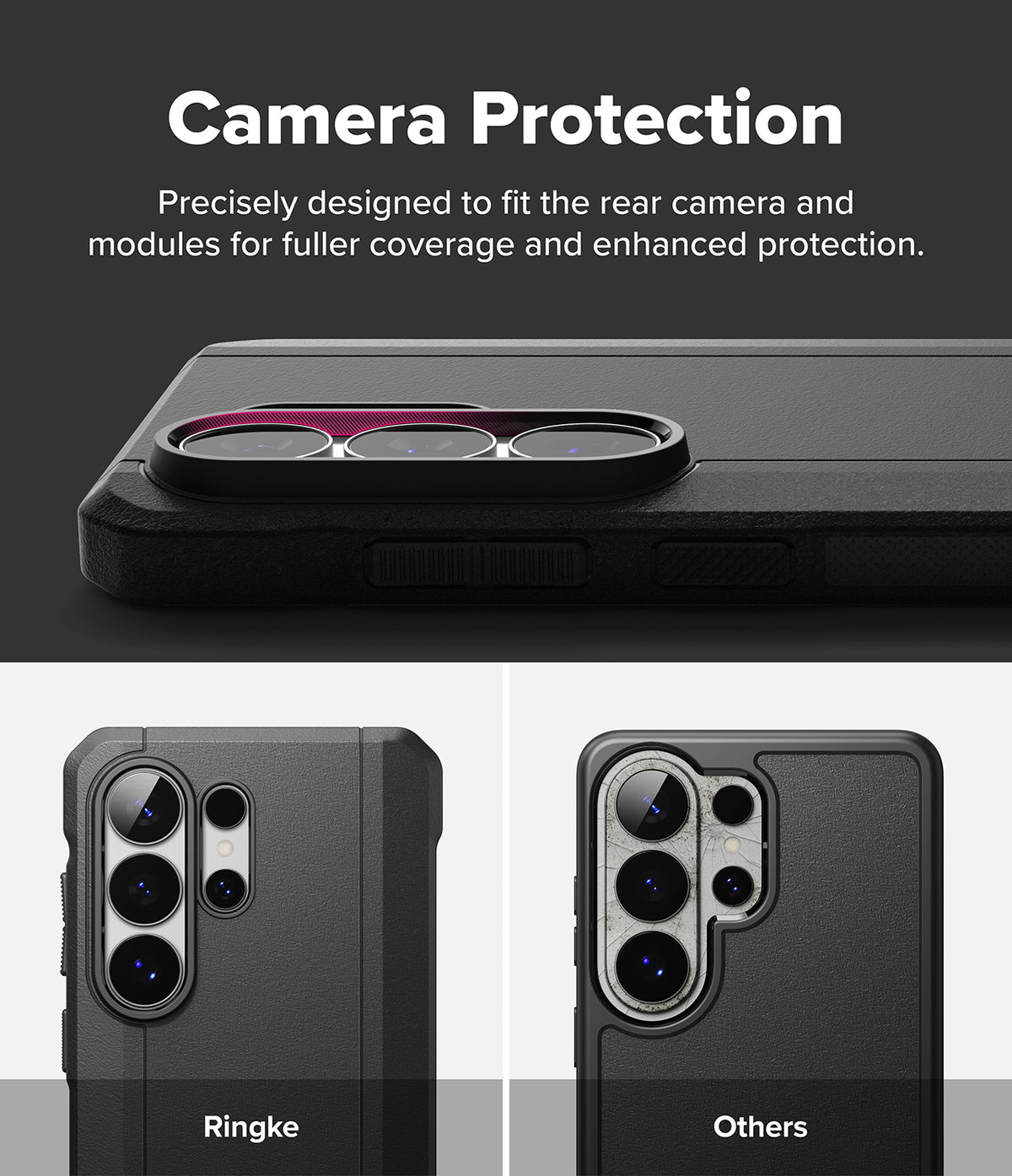 Galaxy S26 Ultra Case | Onyx α - Comparison showing Ringke case's precise camera coverage versus a standard case.