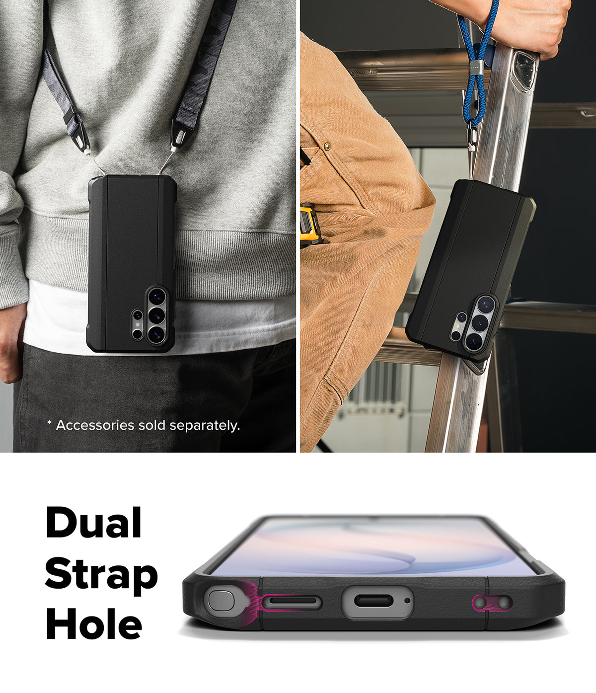 Galaxy S26 Ultra Case | Onyx α - Black phone case with dual strap holes shown worn on a lanyard and attached to a ladder.
