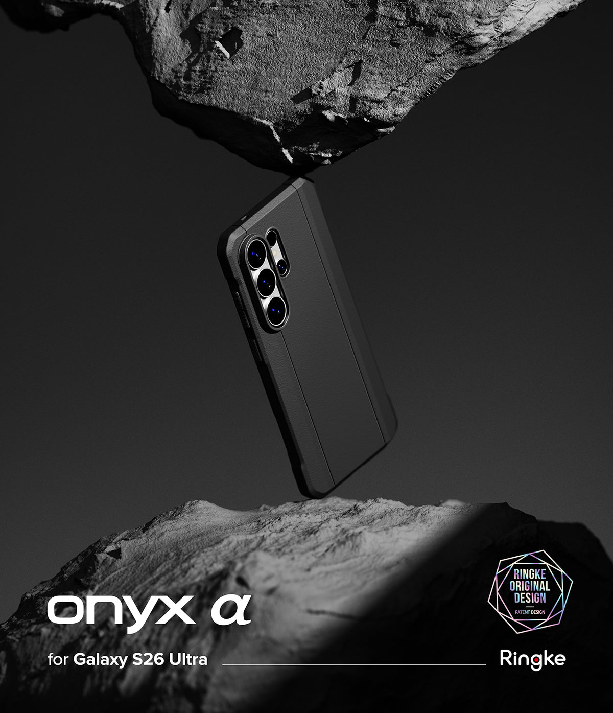 Galaxy S26 Ultra Case | Onyx α - Black phone case floating between two jagged, textured rock formations against a dark background.