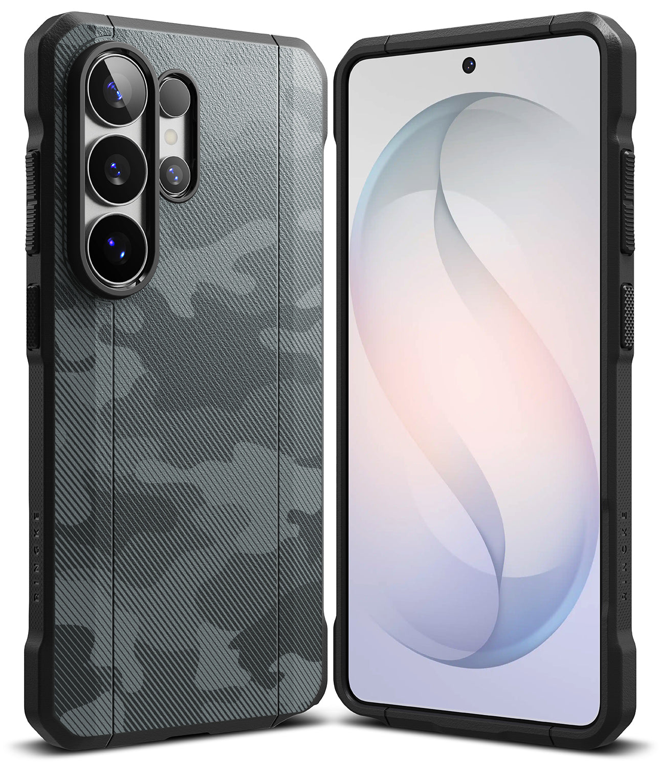 Galaxy S26 Ultra Case | Onyx α - Black camouflage textured phone case shown from back and front angles.
