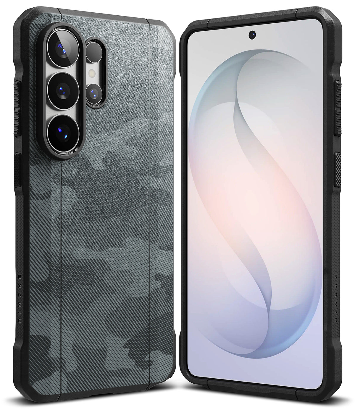 Galaxy S26 Ultra Case | Onyx α - Black camouflage textured phone case shown from back and front angles.