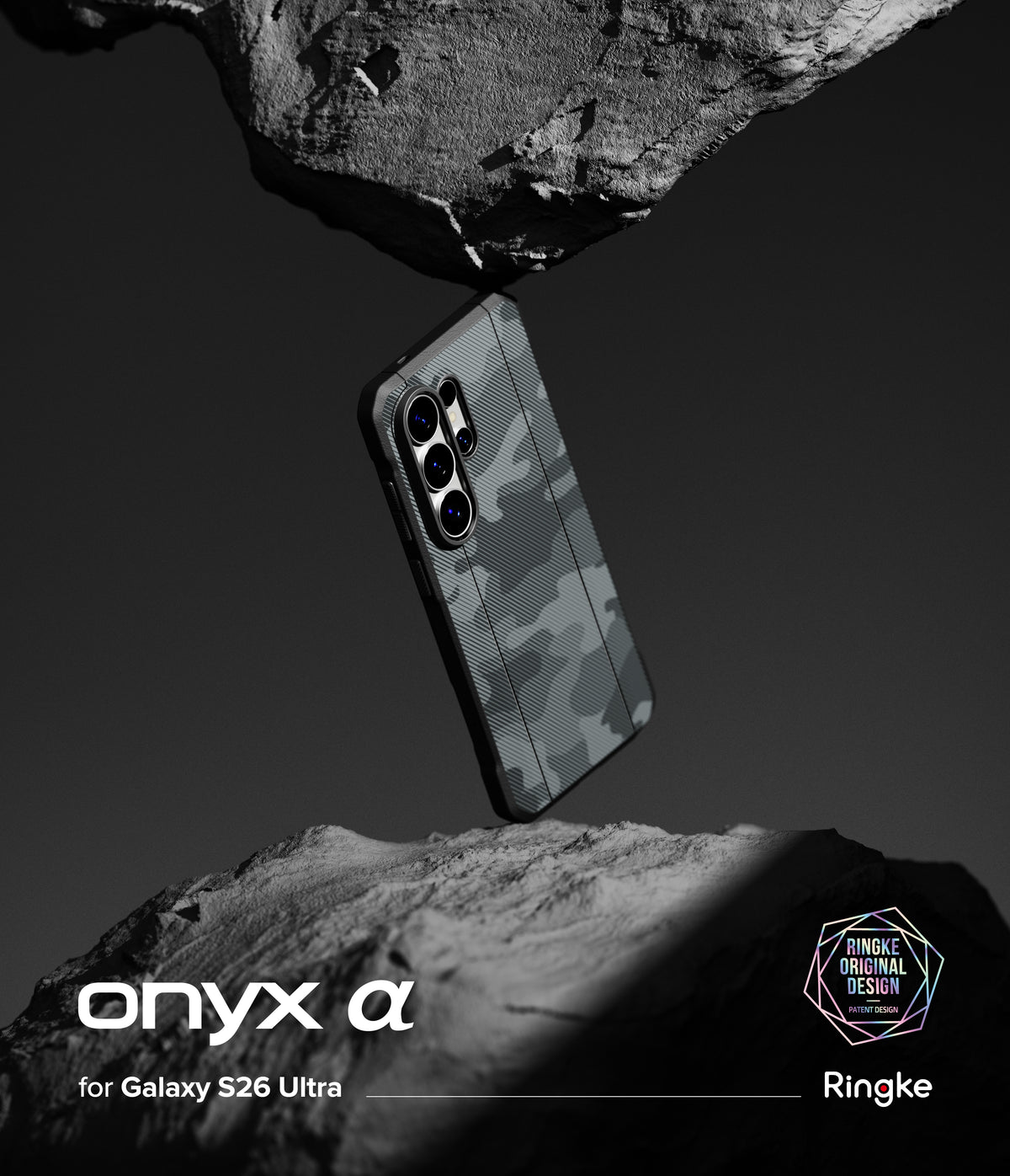 Galaxy S26 Ultra Case | Onyx α - Camouflage phone case suspended between two jagged rocks against a dark background.