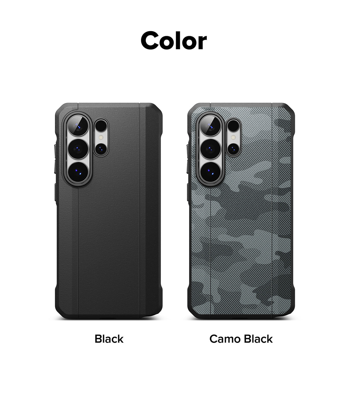 Galaxy S26 Ultra Case | Onyx α - Two Galaxy S26 Ultra cases in solid black and camo black side-by-side on white.