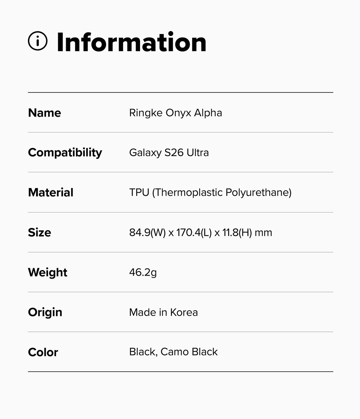 Galaxy S26 Ultra Case | Onyx α - Information table listing specifications for the Ringke Onyx Alpha case.