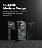 Galaxy S26 Ultra Case | Onyx α - Three black, textured camouflage phone cases displayed against a dark, vertical-lined background.