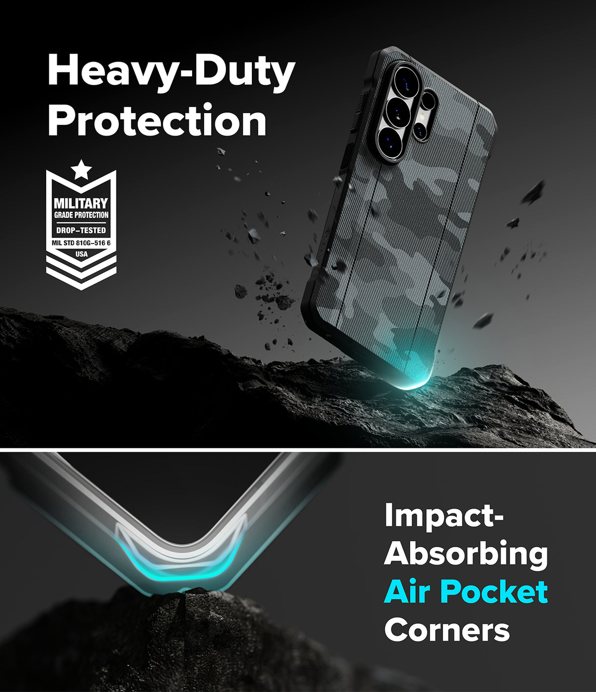 Galaxy S26 Ultra Case | Onyx α - Camo phone case with military-grade protection and air-cushioned corners on rocky terrain.