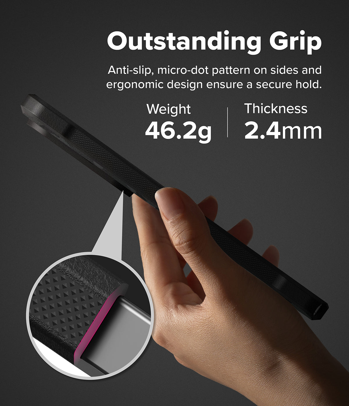 Galaxy S26 Ultra Case | Onyx α - Hand holding a black phone case with a magnified view of its textured, anti-slip side grip.