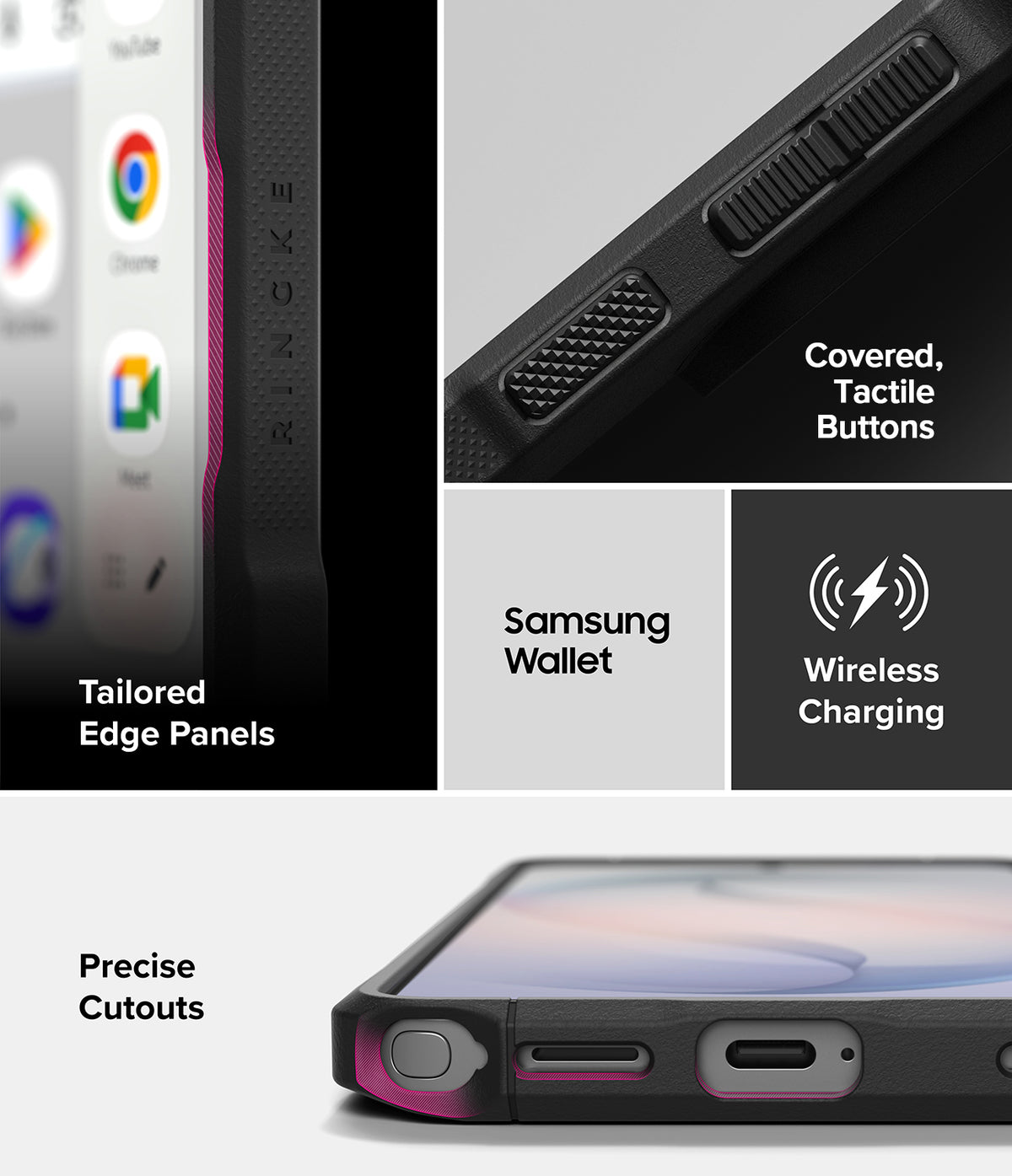 Galaxy S26 Ultra Case | Onyx α - Collage showing tactile buttons, edge panels, wireless charging, and precise port cutouts.