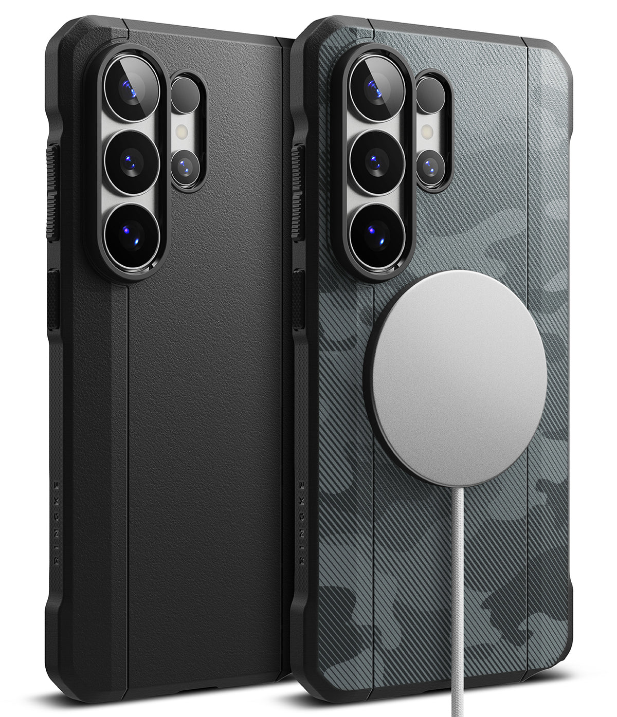 Galaxy S26 Ultra Case | Onyx α Magnetic - Two black phone cases, one plain and one with camo, featuring magnetic chargers.