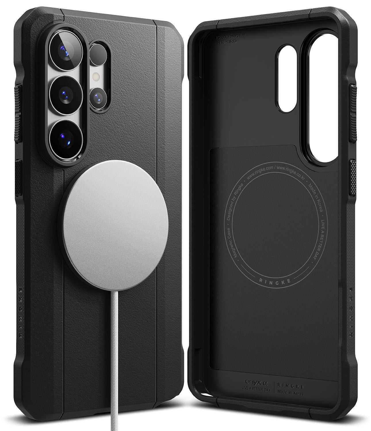 Galaxy S26 Ultra Case | Onyx α Magnetic - Black magnetic phone case shown from front and back with a magnetic charger.