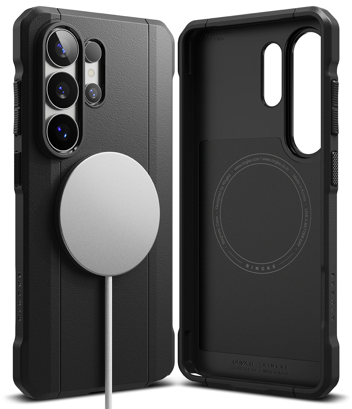 Galaxy S26 Ultra Case | Onyx α Magnetic - Black magnetic phone case shown from front and back with a magnetic charger.
