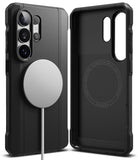 Galaxy S26 Ultra Case | Onyx α Magnetic - Black magnetic phone case shown from front and back with a magnetic charger.