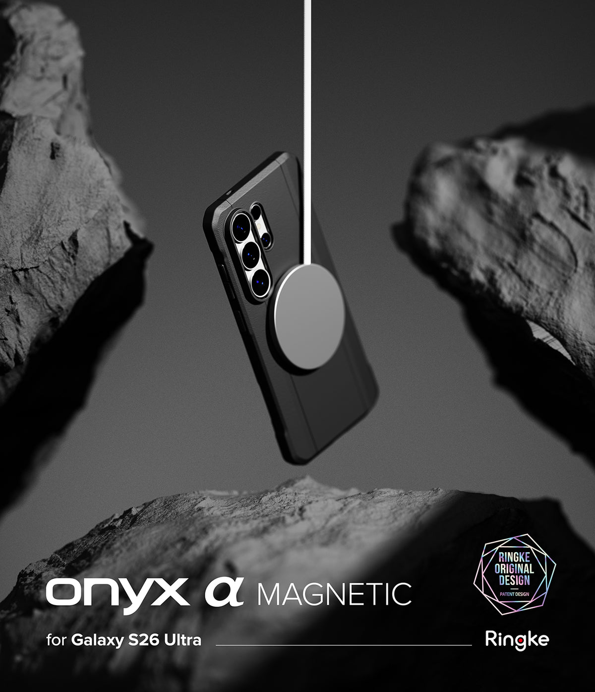 [Bundle] Galaxy S26 Ultra | Onyx α Magnetic - Black phone case suspended by a magnetic charger between dark rocks.