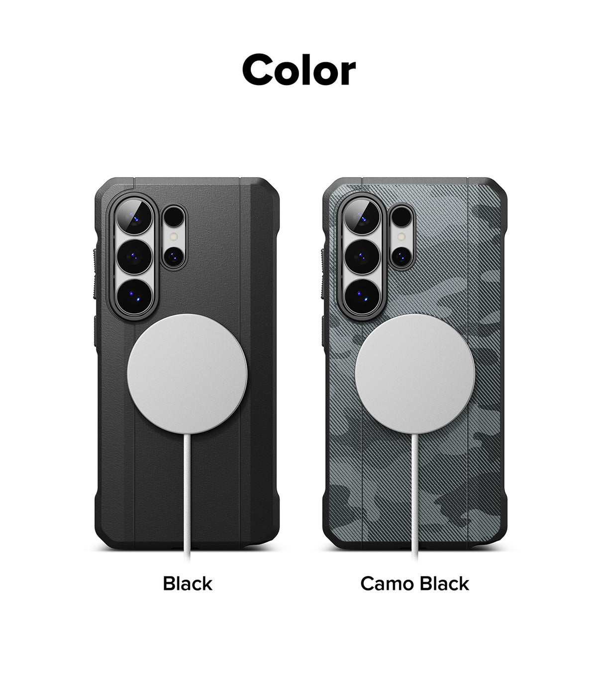 Galaxy S26 Ultra Case | Onyx α Magnetic - Two magnetic phone cases in solid black and camo black with charging pucks.