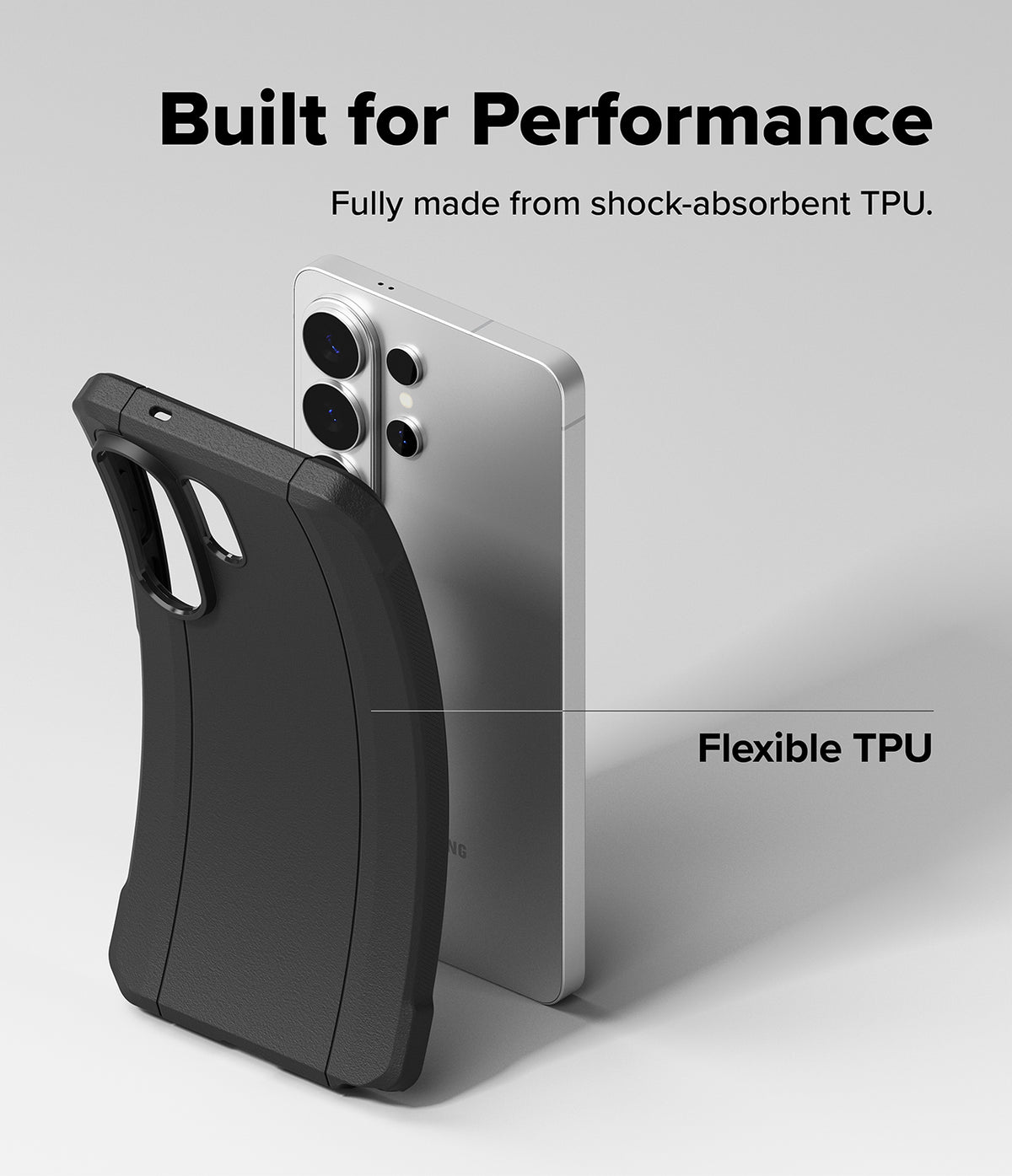 [Bundle] Galaxy S26 Ultra | Onyx α Magnetic - A silver smartphone beside a flexible black TPU protective case.