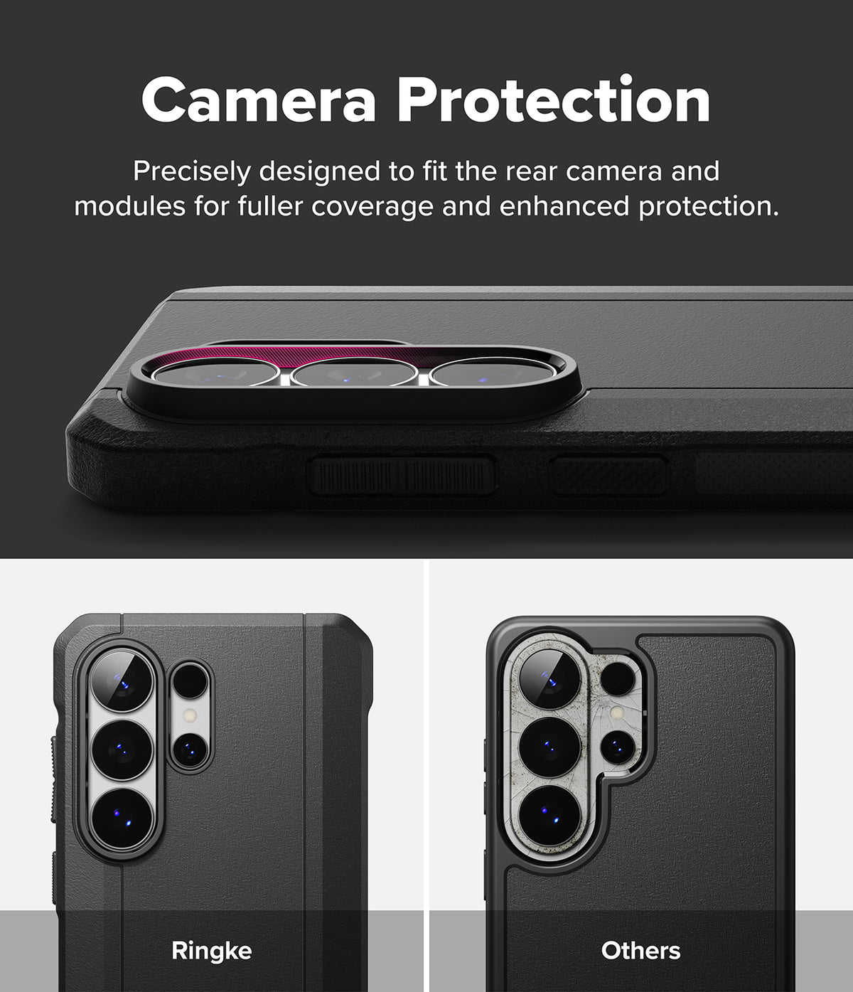 Galaxy S26 Ultra Case | Onyx α Magnetic - Comparison showing superior camera lens coverage on the Ringke case vs others.