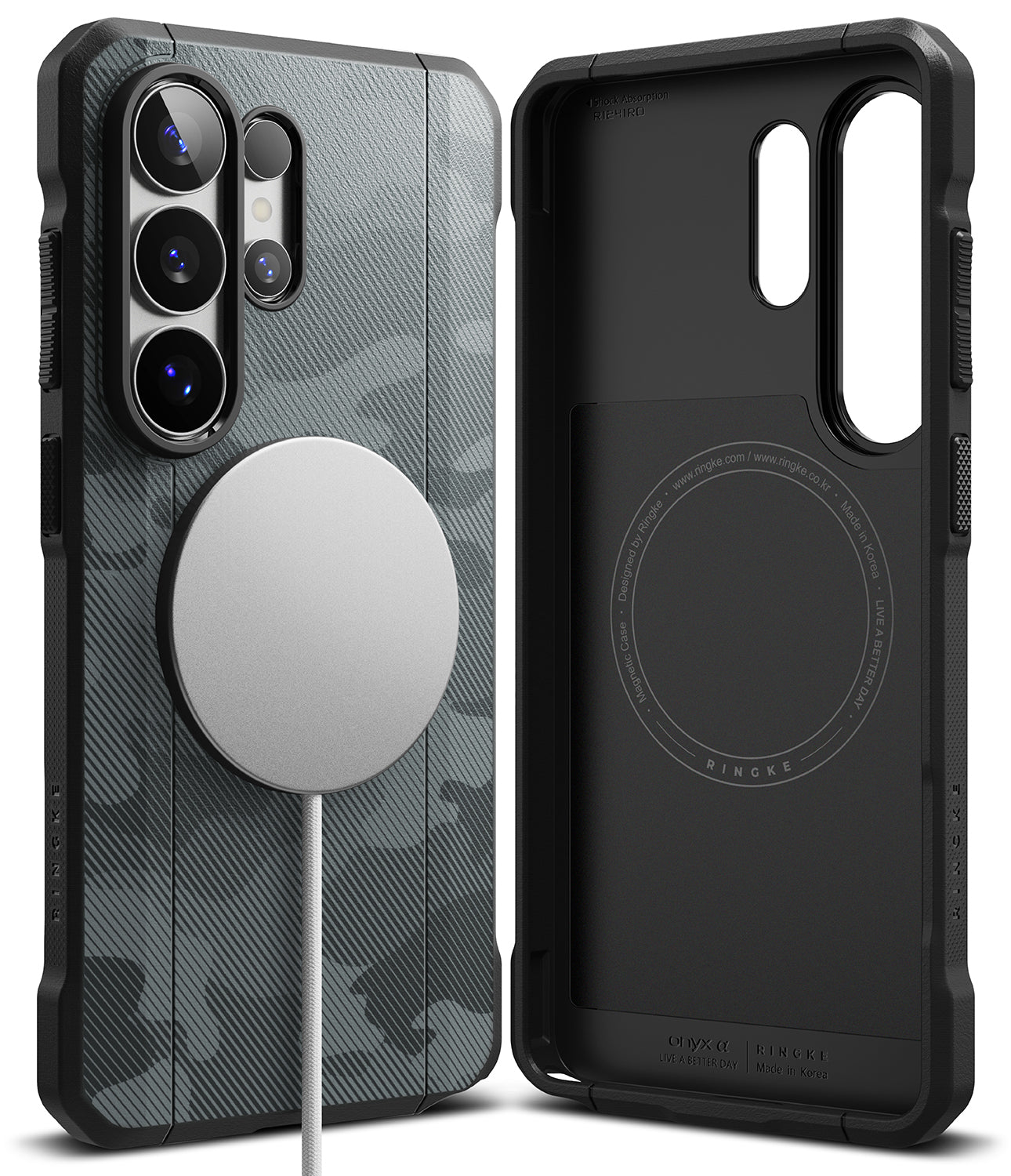 Galaxy S26 Ultra Case | Onyx α Magnetic - Black camo phone case with a magnetic charger attached and interior view.