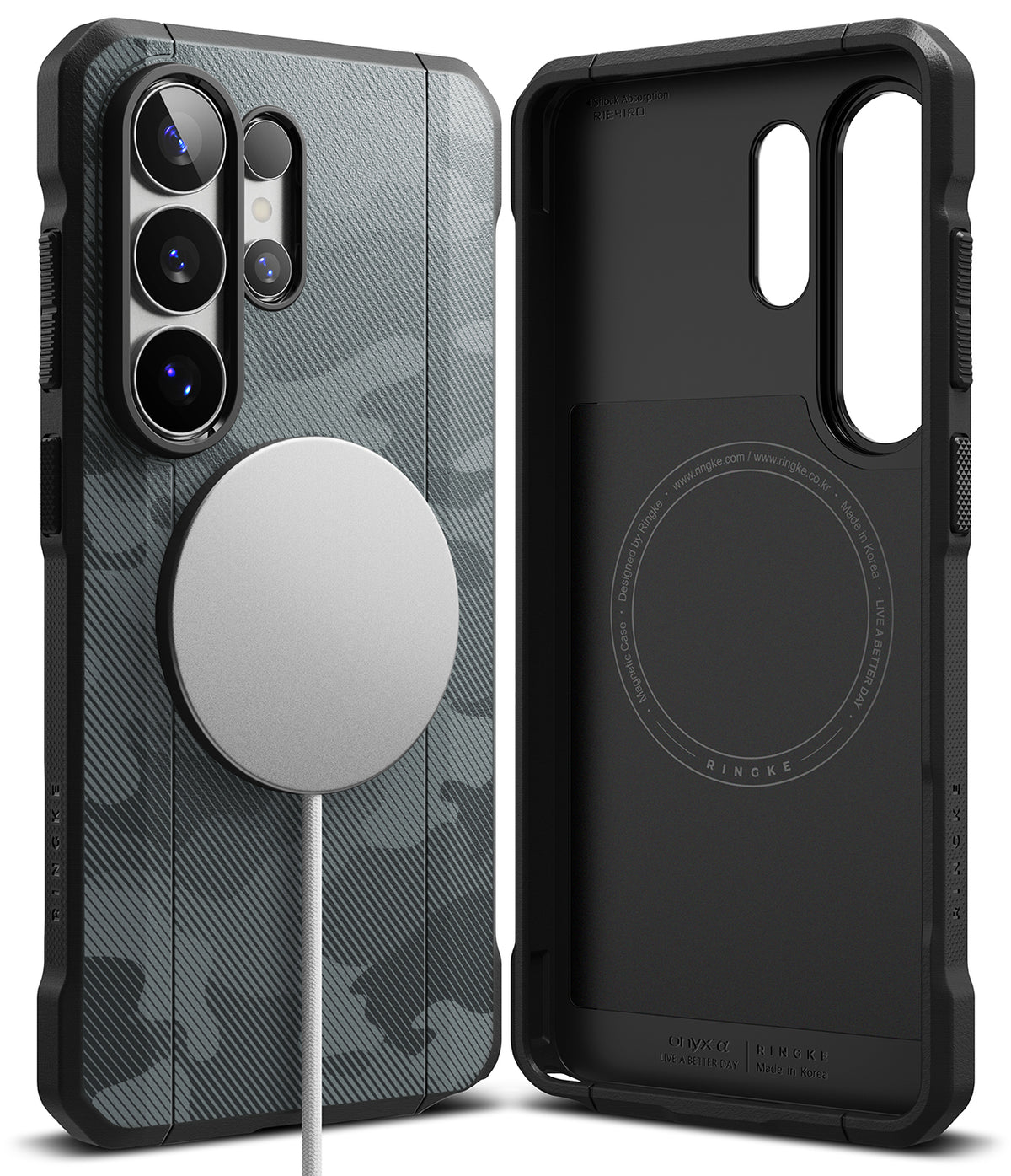 Galaxy S26 Ultra Case | Onyx α Magnetic - Black camo phone case with a magnetic charger attached and interior view.