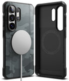 Galaxy S26 Ultra Case | Onyx α Magnetic - Black camo phone case with a magnetic charger attached and interior view.