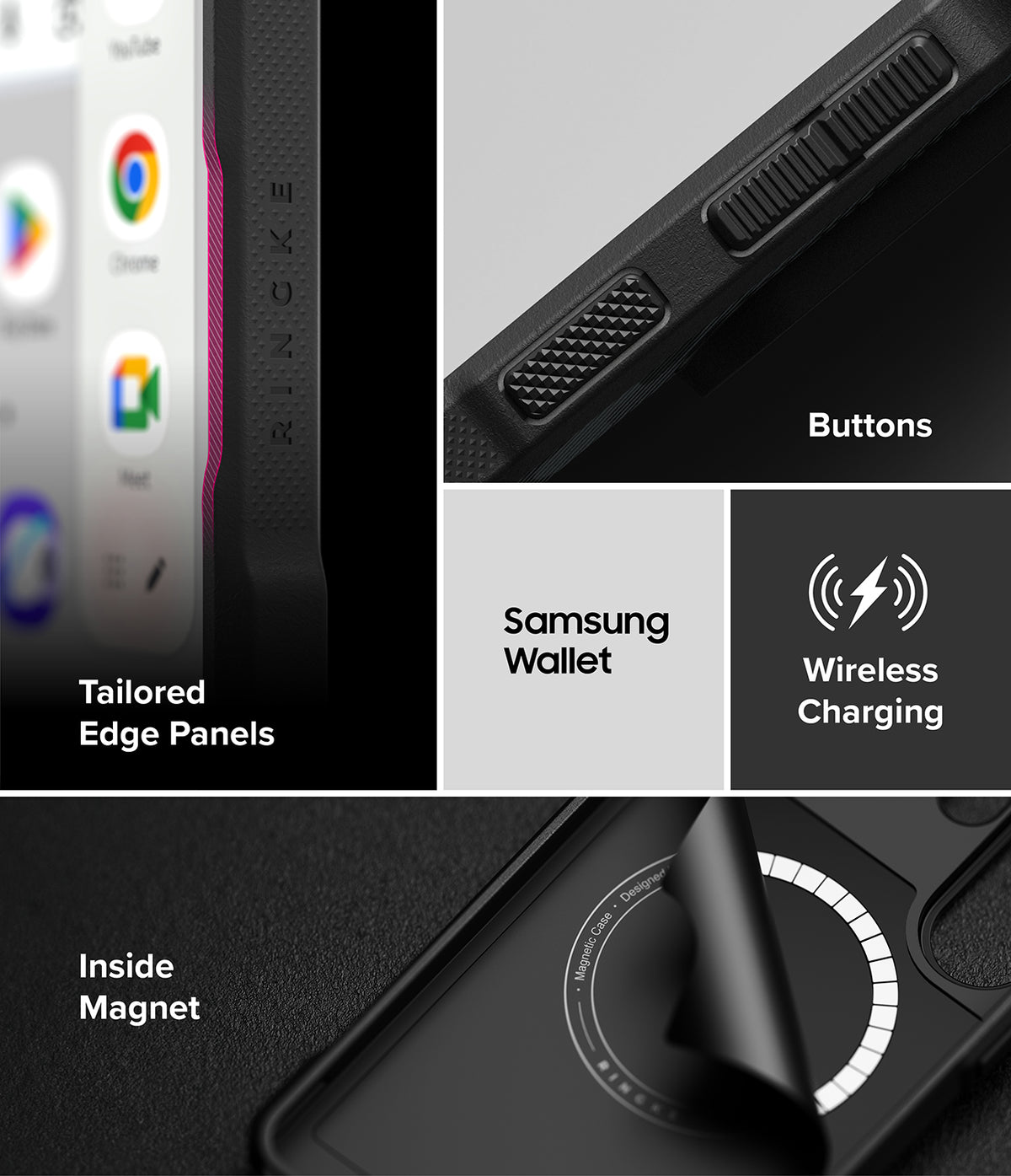 Galaxy S26 Ultra Case | Onyx α Magnetic - Close-ups of case features: edge panels, textured buttons, wireless charging, and internal magnet.