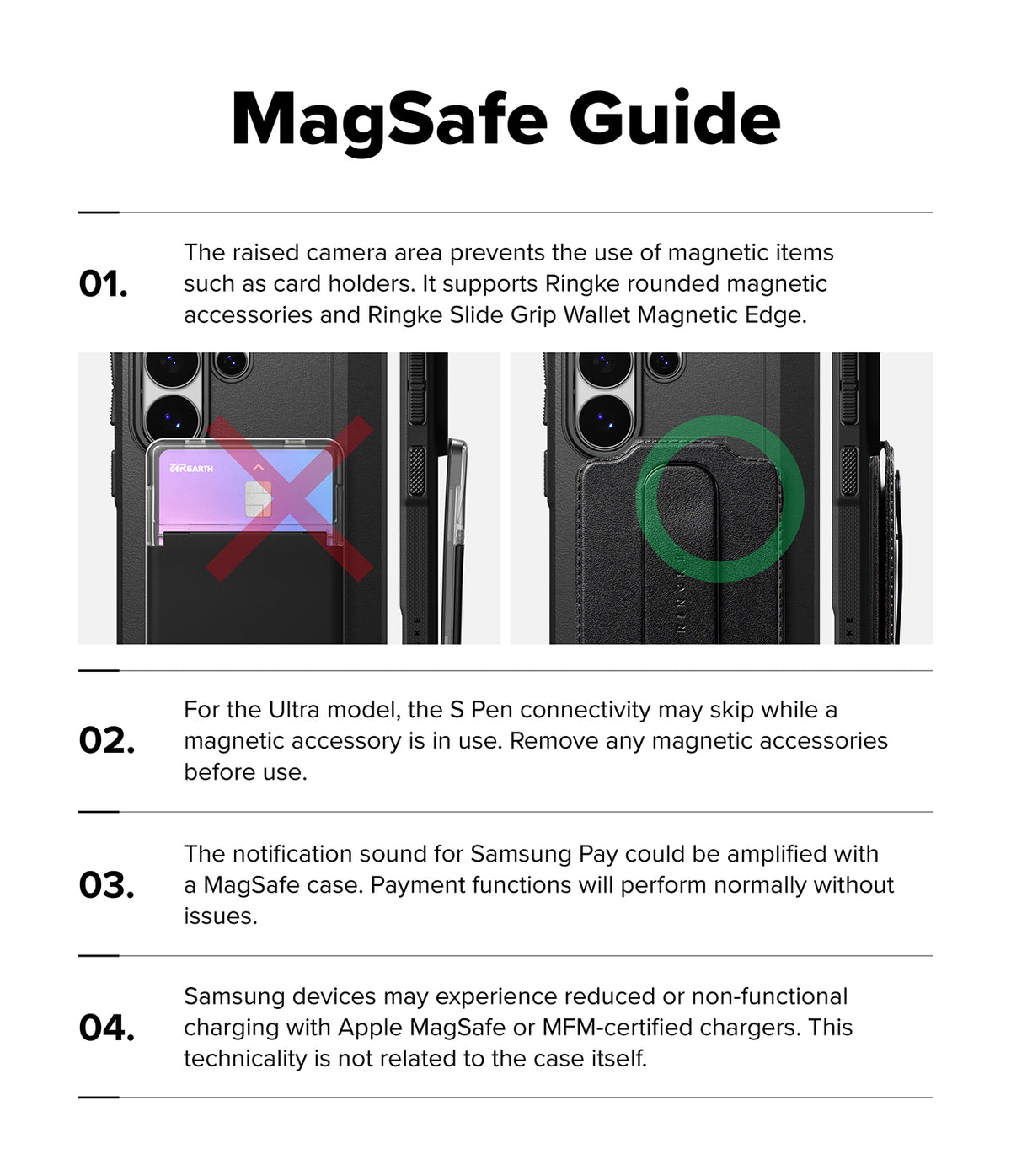 Galaxy S26 Ultra Case | Onyx α Magnetic - Infographic showing MagSafe compatibility, accessory limitations, and S Pen usage tips.