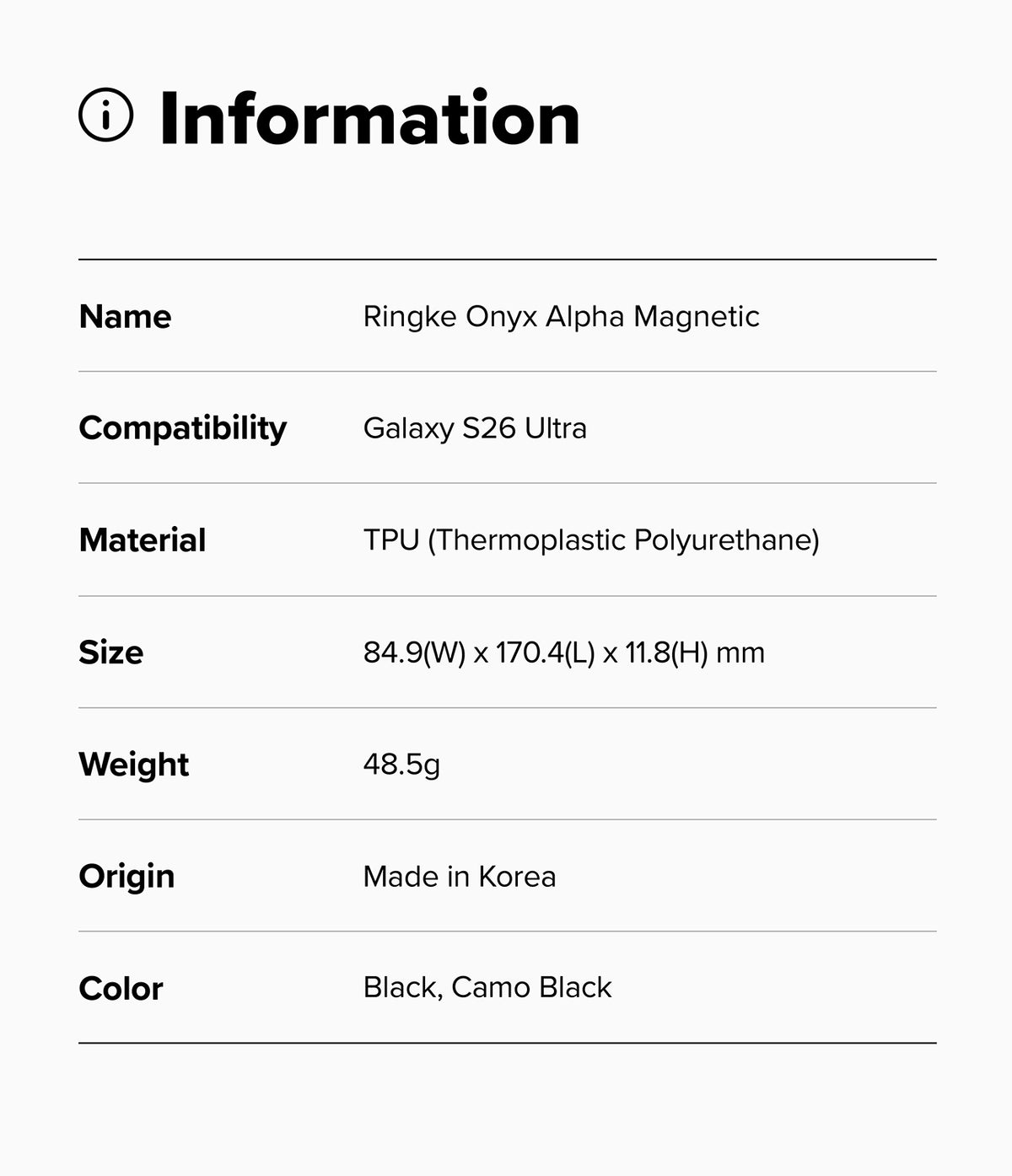 Galaxy S26 Ultra Case | Onyx α Magnetic - Information table listing product name, compatibility, material, size, weight, origin, and color.