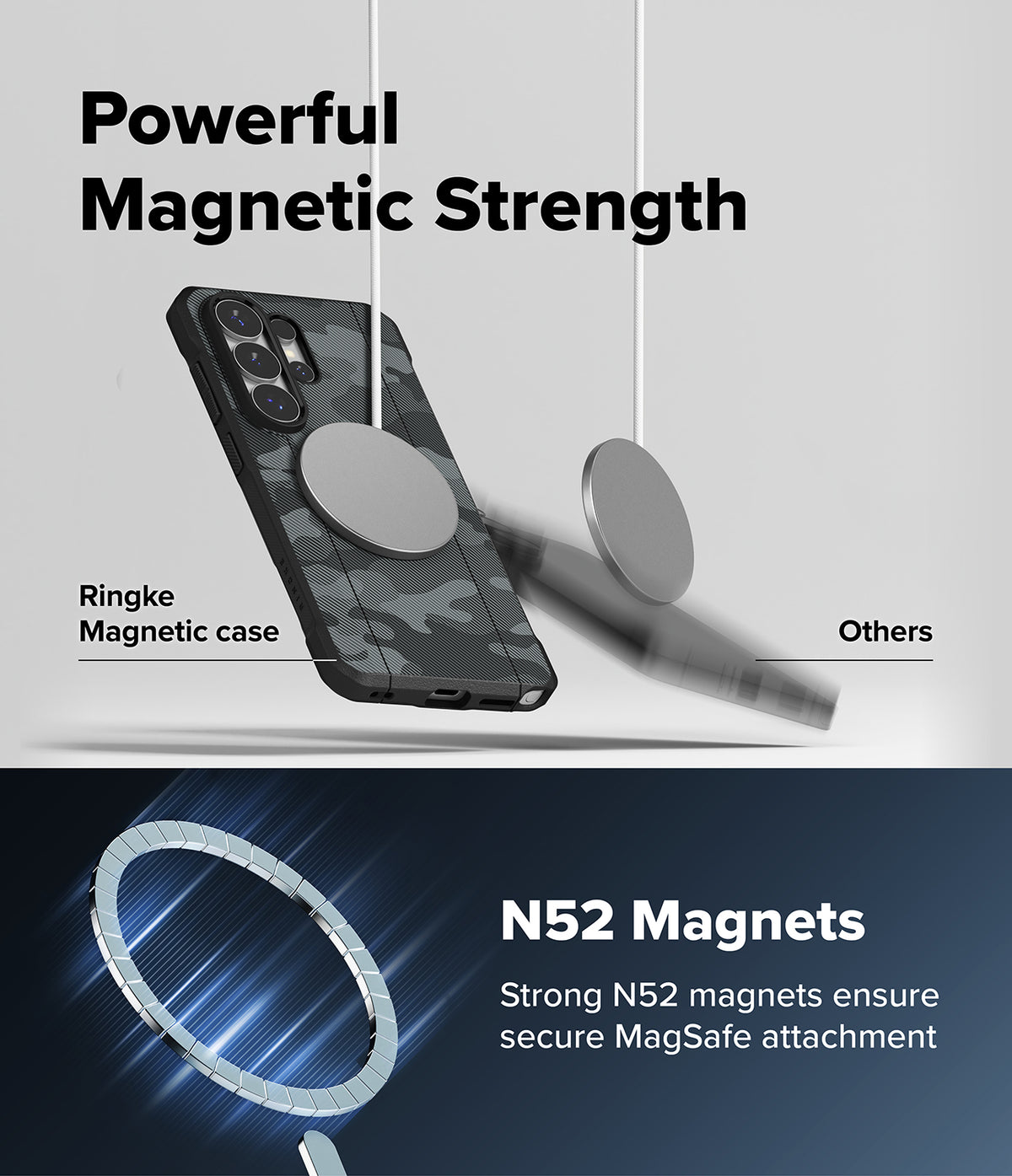 [Bundle] Galaxy S26 Ultra | Onyx α Magnetic - A camo phone case held by a magnet, contrasting with a falling phone.