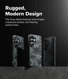 Galaxy S26 Ultra Case | Onyx α Magnetic - Three black camo-patterned phone cases standing on a concrete ledge.