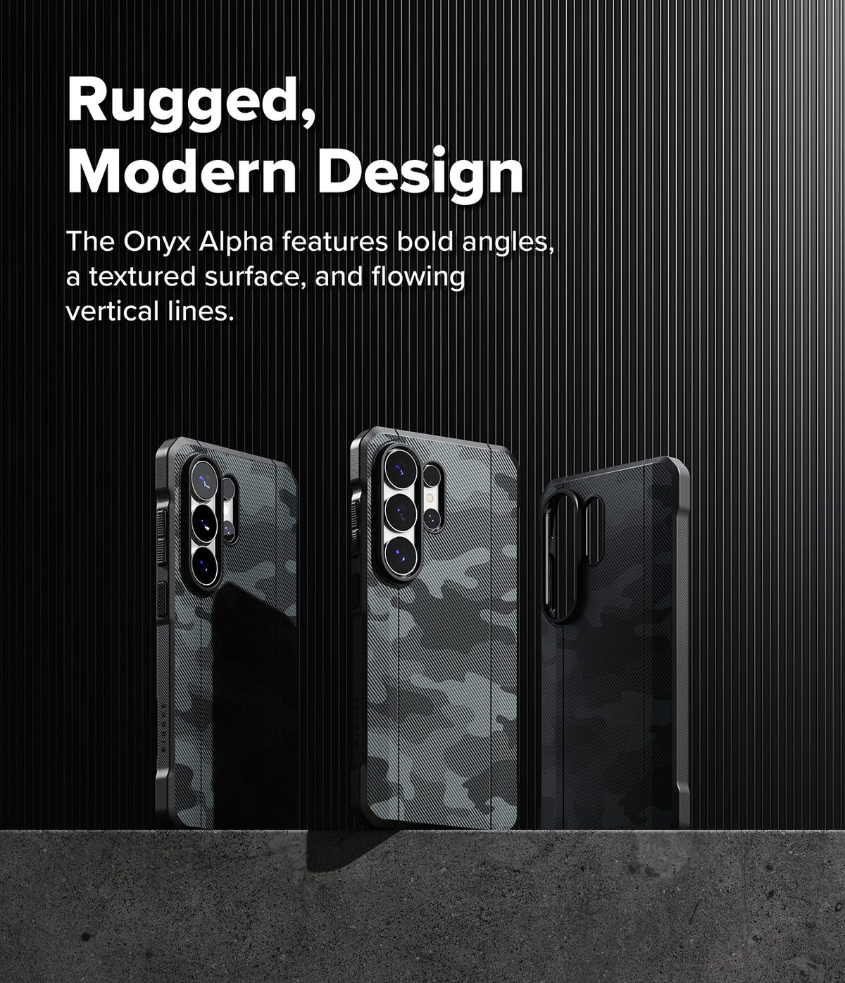 [Bundle] Galaxy S26 Ultra | Onyx α Magnetic - Three black camo-patterned phone cases displayed against a vertical-lined background.