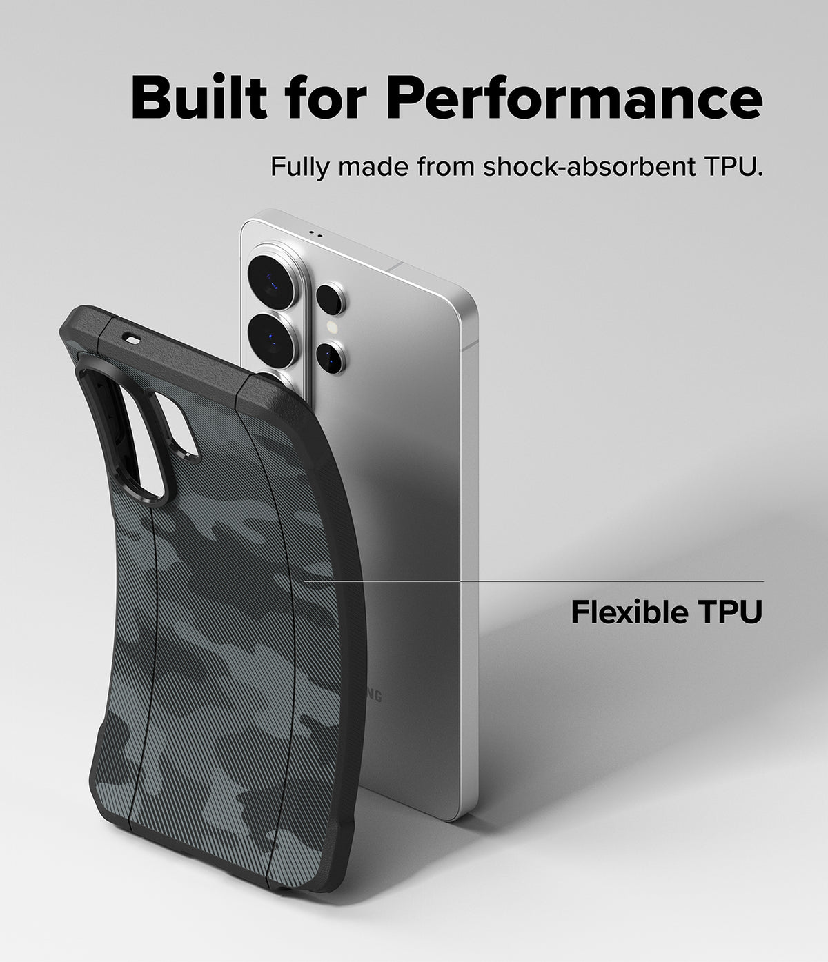 [Bundle] Galaxy S26 Ultra | Onyx α Magnetic - A flexible, camo-patterned TPU phone case being pulled away from a silver Galaxy S26 Ultra.