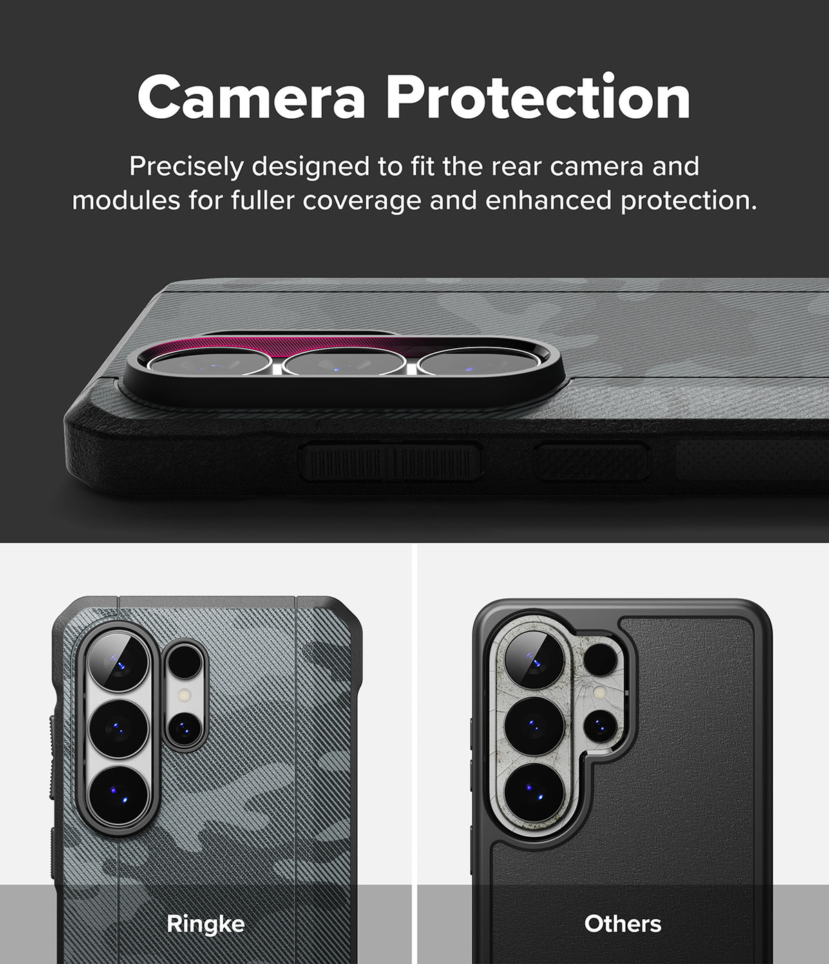 Galaxy S26 Ultra Case | Onyx α Magnetic - Comparison showing the protective camera coverage of a Ringke case versus others.