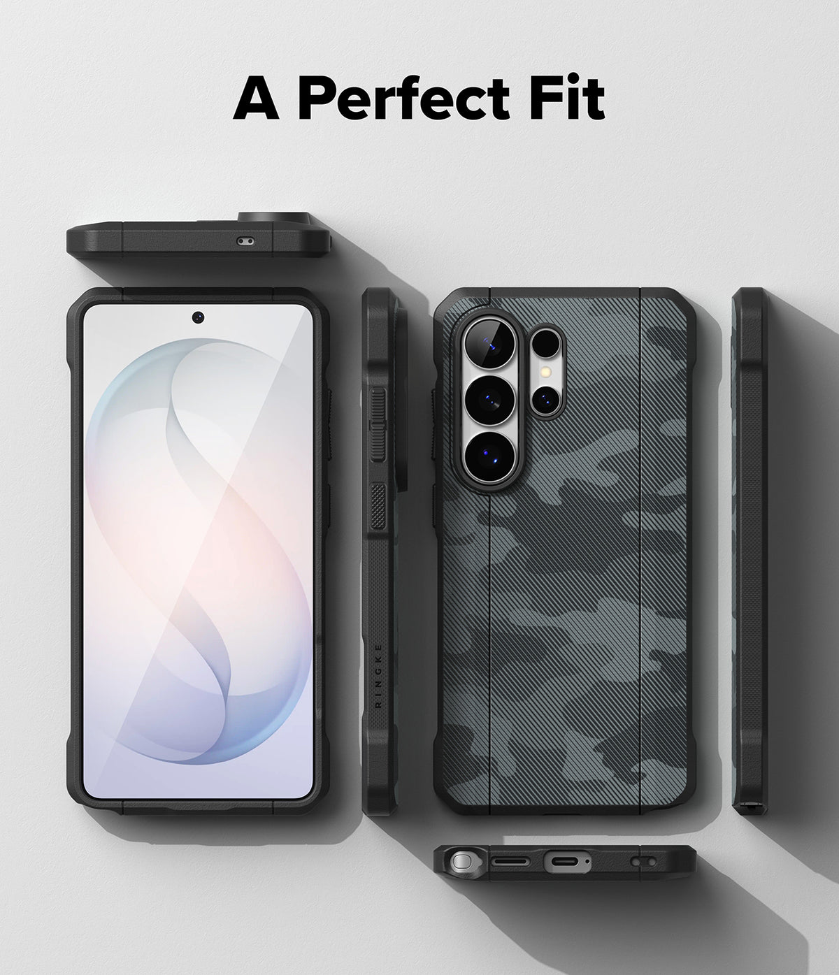 Galaxy S26 Ultra Case | Onyx α Magnetic - Front and back views of a black camouflage phone case with magnetic ring.