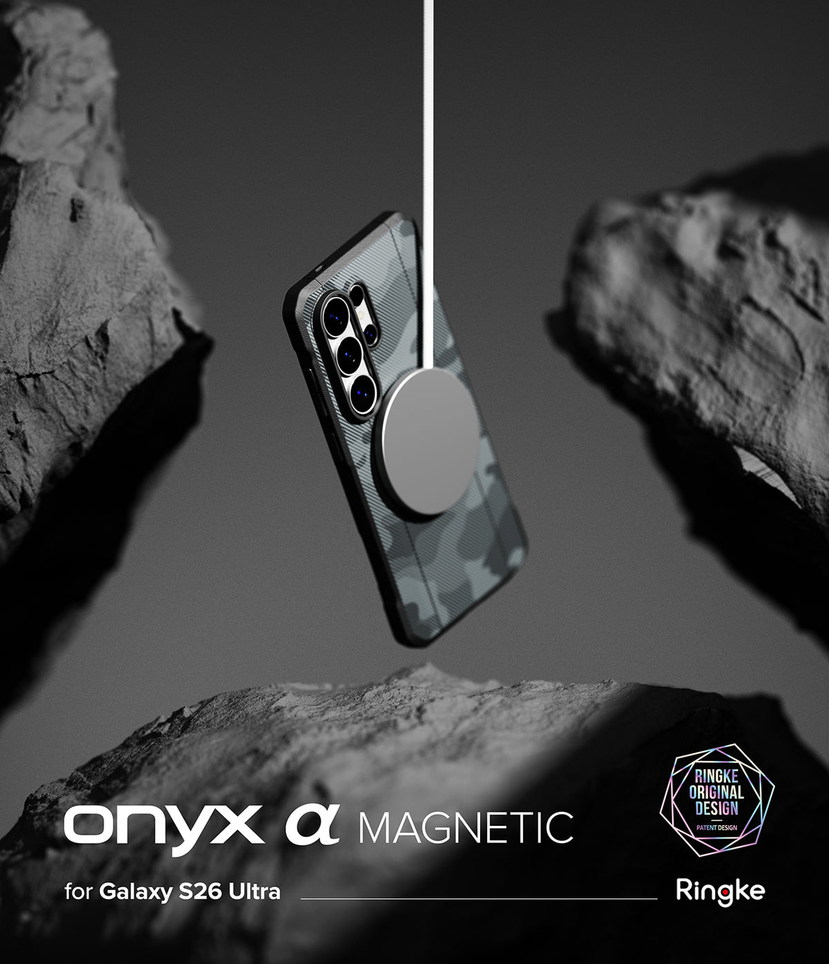[Bundle] Galaxy S26 Ultra | Onyx α Magnetic - Camo-patterned phone case floating between rocks with a magnetic charger attached.
