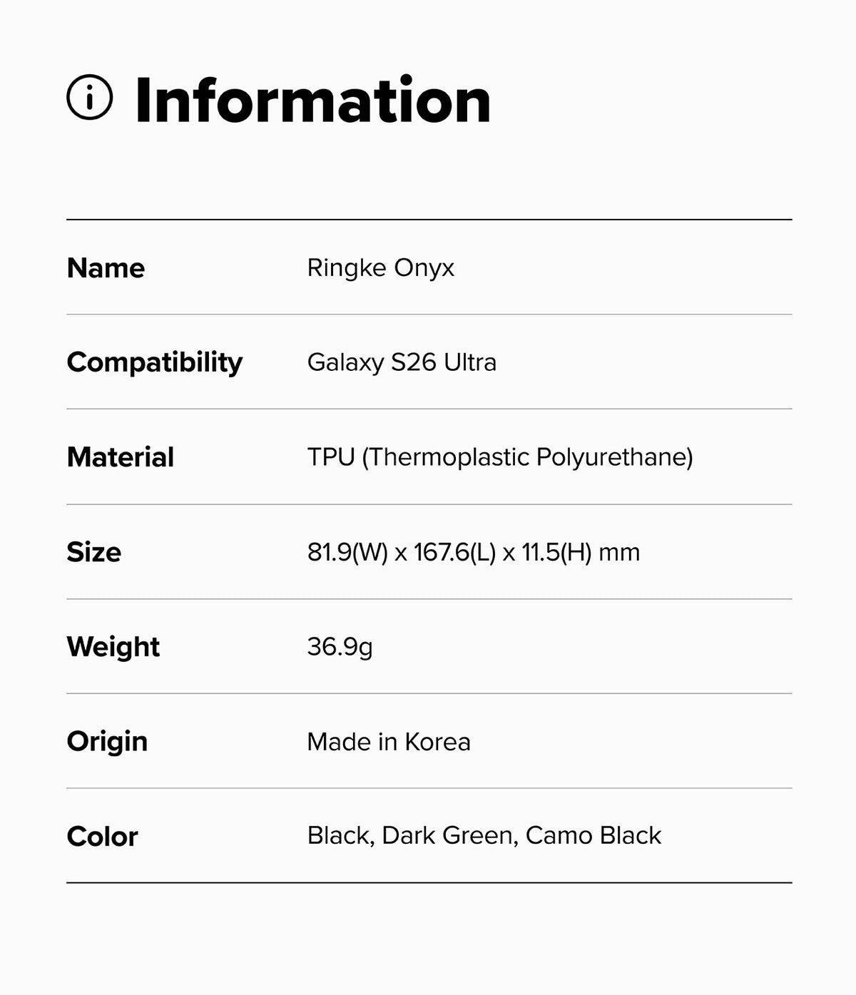 Galaxy S26 Ultra Case | Onyx - Information table listing product name, compatibility, material, size, weight, origin, and color.