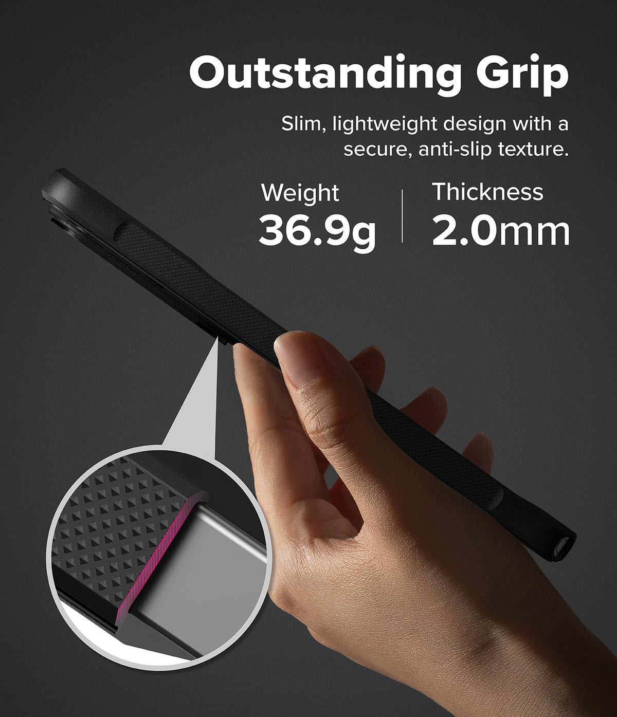 [Bundle] Galaxy S26 Ultra | Onyx - Hand holding a slim, textured black phone case with 36.9g weight and 2.0mm thickness specs.