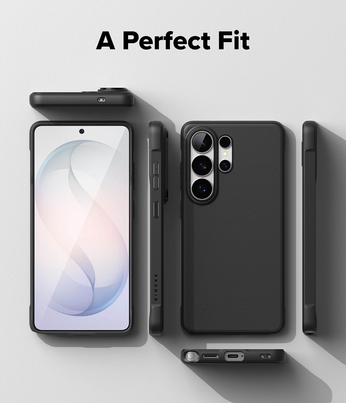 Galaxy S26 Ultra Case | Onyx - Multiple views of a black phone case showing front, back, and side profiles on a gray background.