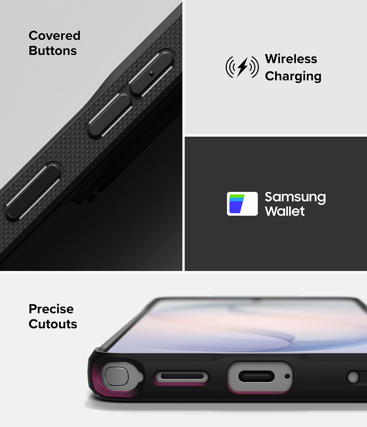 Galaxy S26 Ultra Case | Onyx - Close-ups showing textured covered buttons, wireless charging, Samsung Wallet, and precise port cutouts.