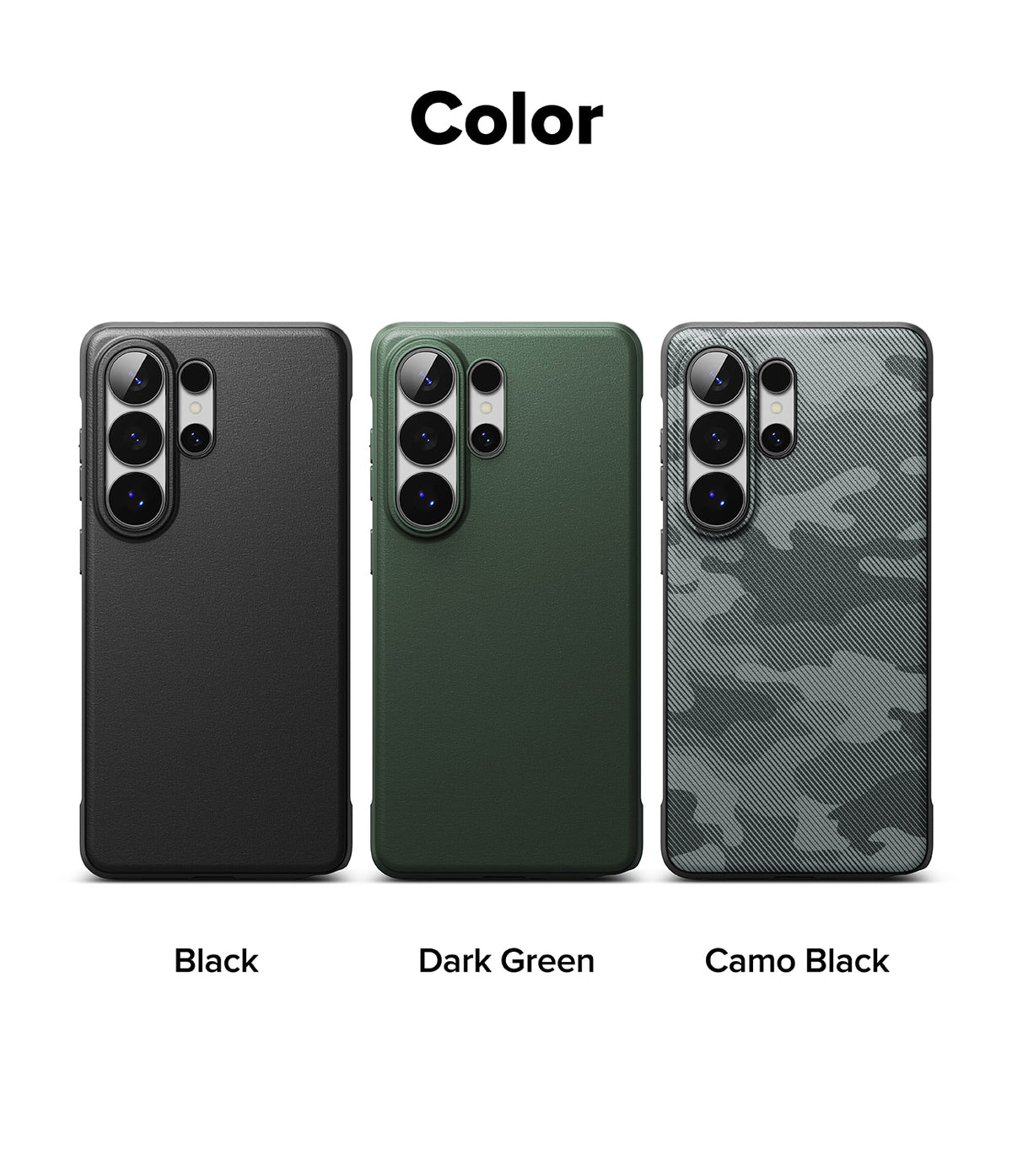 Galaxy S26 Ultra Case | Onyx - Three Galaxy S26 Ultra cases in black, dark green, and camo black arranged side-by-side.