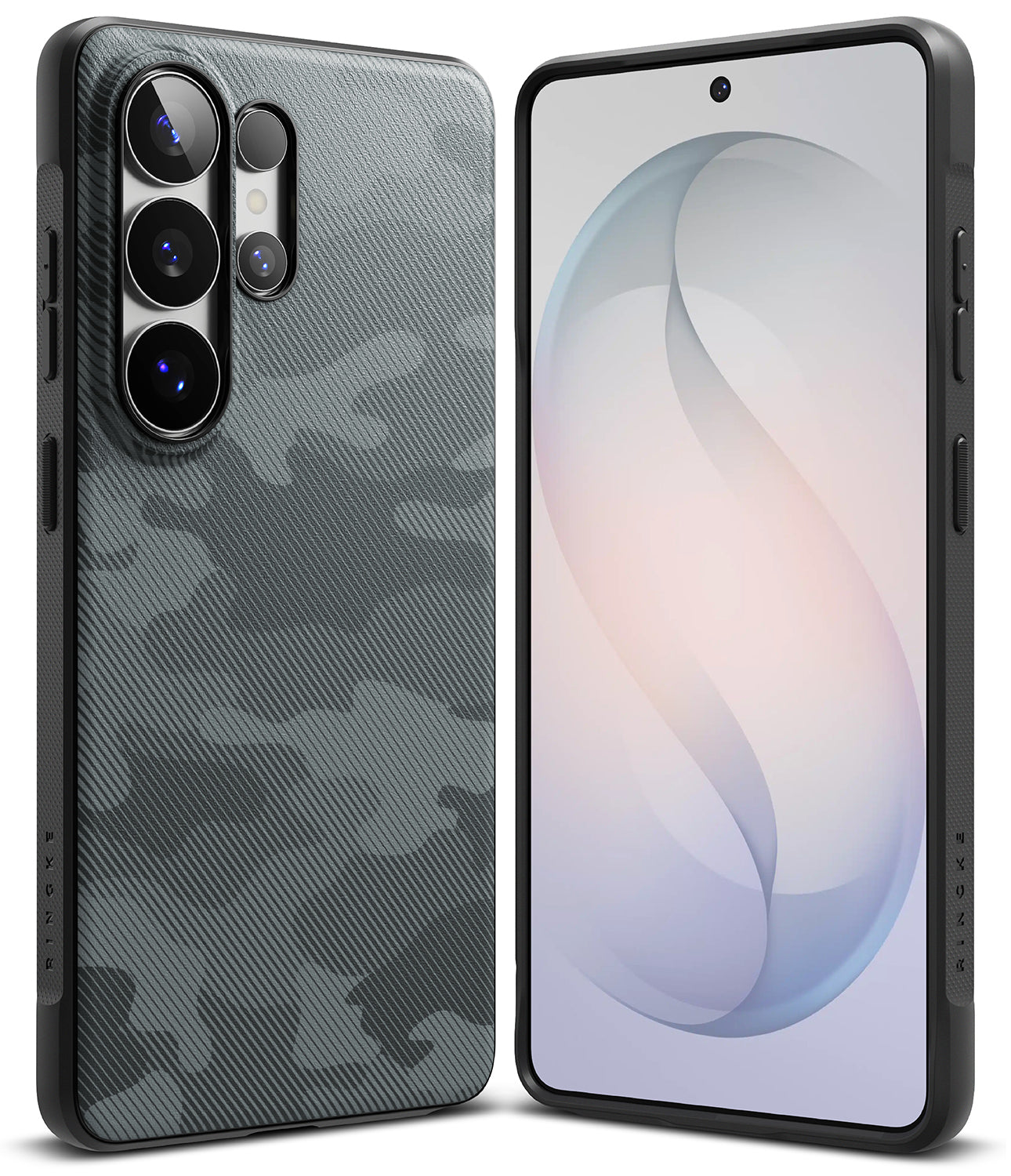 Galaxy S26 Ultra Case | Onyx - Front and back views of a black smartphone with a textured gray camouflage pattern case.