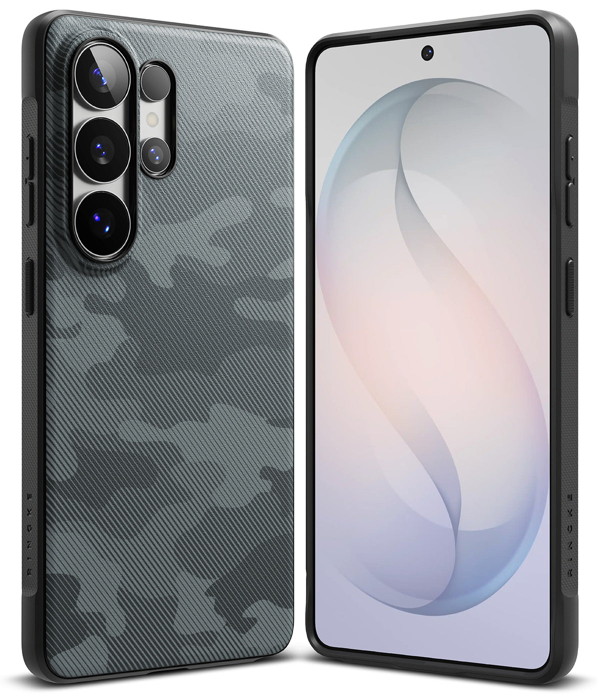 Galaxy S26 Ultra Case | Onyx - Front and back views of a black smartphone with a textured gray camouflage pattern case.
