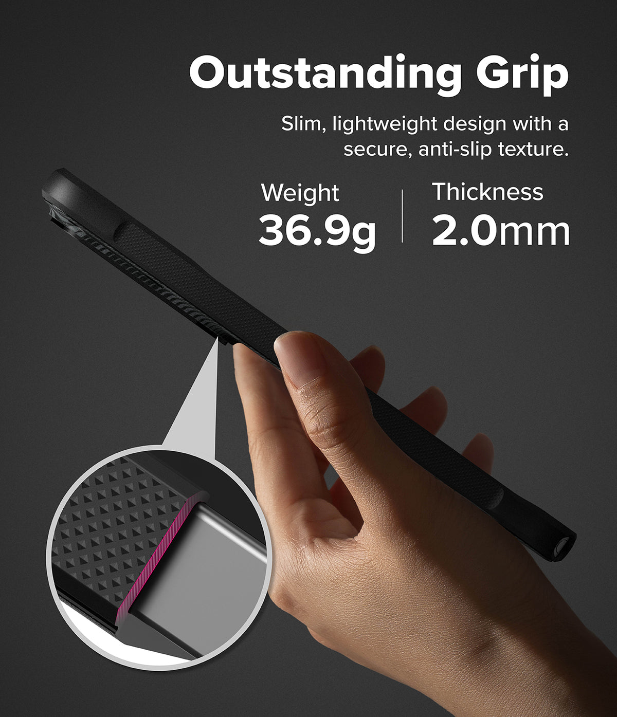 [Bundle] Galaxy S26 Ultra | Onyx - Hand holding a slim black phone case with anti-slip texture, highlighting 36.9g weight and 2.0mm thickness.